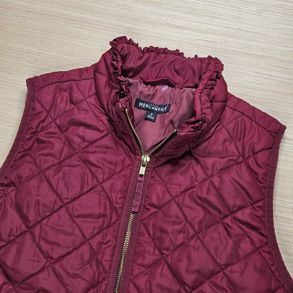 J‎ Crew Mercantile Ruffle Quilted Vest Womens S Burgundy Neck Zip Up J6869 FA18
